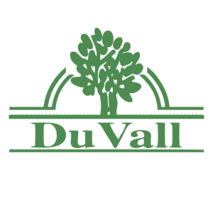 A green tree with the word du vall underneath it.